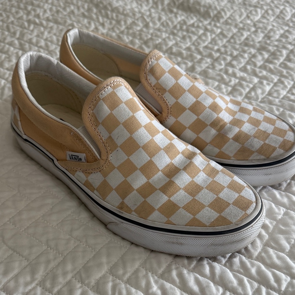 Vans Tan and White Checkerboard Slip-Ons